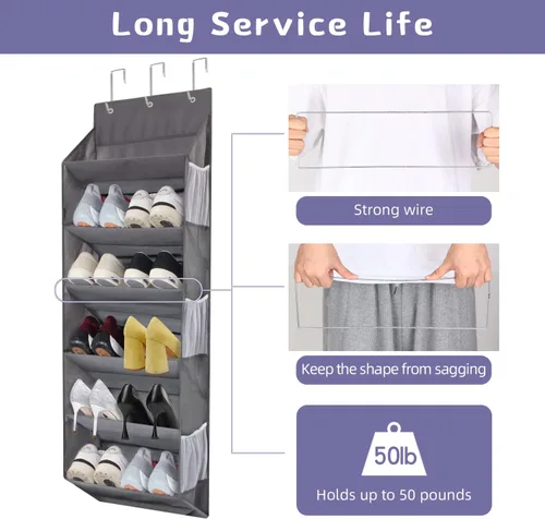 Vista 2 de Organizador de zapatos sobre la puerta – Almacenamiento colgante para 12 pares de zapatos, 6 bolsillos de malla + 6 bolsillos grandes profundos