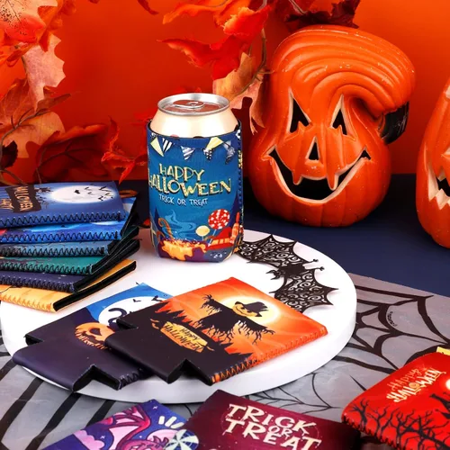Vista 3 de 12 fundas para latas de Halloween, de 12 onzas, fundas para enfriadores de latas de Halloween, casas encantadas, fantasma, gato negro, calabaza