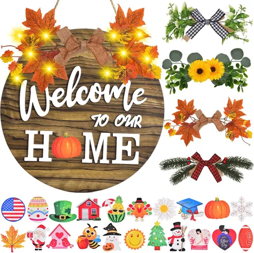 Vista 8 de Señal intercambiable de bienvenida a casa, decoración de puerta delantera con 4 coronas de temporada y 21 iconos intercambiables, colgador de madera