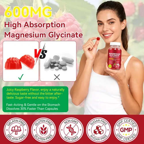 Vista 8 de Gomitas de glicinato de magnesio de 600 mg, suplemento de magnesio de alta absorción para mujeres, hombres y niños, apoyo muscular, sueño