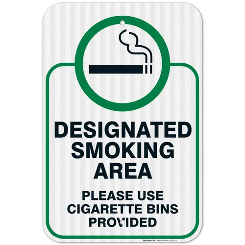 Vista 20 de Letrero designado para zona de fumar, letrero con texto en inglés "Please Use Cigarrette Bins Sign", 10 x 7 pulgadas, libre de óxido, aluminio 040
