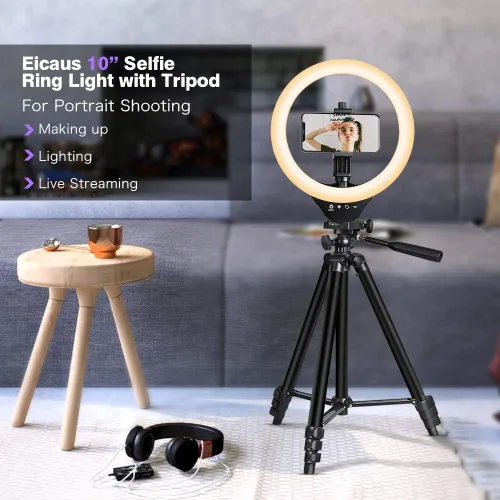 Vista 7 de EICAUS Anillo de luz de 10 pulgadas con soporte y soporte para teléfono, trípode para teléfono celular con luz de anillo y soporte para teléfono