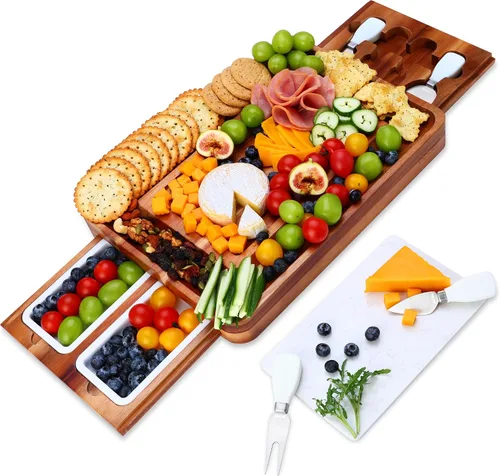 Vista 10 de hecef Juego grande de tabla de embutidos rosa con cuchillos de queso de acero inoxidable, juego de tabla de queso, bandeja de aperitivos de madera