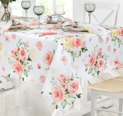 Vista 6 de Newbridge Marie - Mantel de tela floral, rectangular de 52 x 70 pulgadas Pétalo de rosa amarillo y rosa, resistente a las manchas y a las arrugas