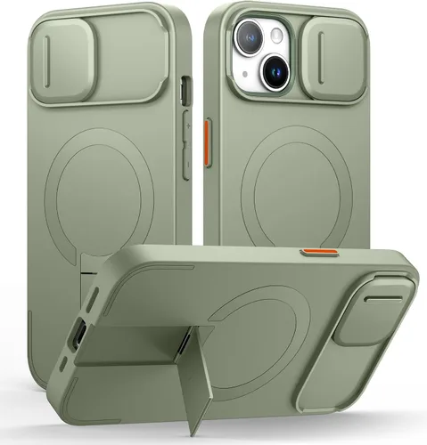 Vista 9 de SURITCH Funda para iPhone 13/14 con cubierta magnética para cámara y soporte ajustable, compatible con MagSafe, a prueba de golpes, funda protectora