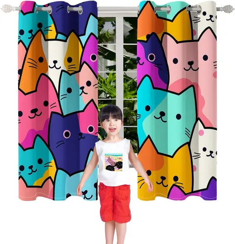 Vista 2 de Cortinas de Gato - Lindas Cortinas Opacas de Gato para Habitación de Niños Decoración Kawaii para Dormitorio de Niñas, 2 Paneles, 82 x 63 pulgadas