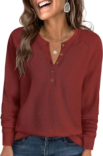 Vista 25 de ANRABESS Camisas de manga larga Henley de punto gofre para mujer Negro