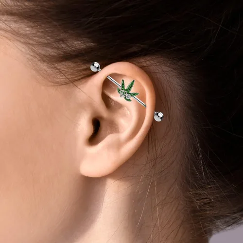 Vista 4 de Pierce2GO 420 Weed - Piercing de oreja industrial de acero inoxidable de grado quirúrgico 316L con circonita cúbica, piercing de oreja con colgante