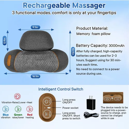 Vista 6 de Almohada masajeadora de cuello recargable 3 en 1 con calor, vibración y tracción, alivio del dolor de tejido profundo, corrector de joroba cervical
