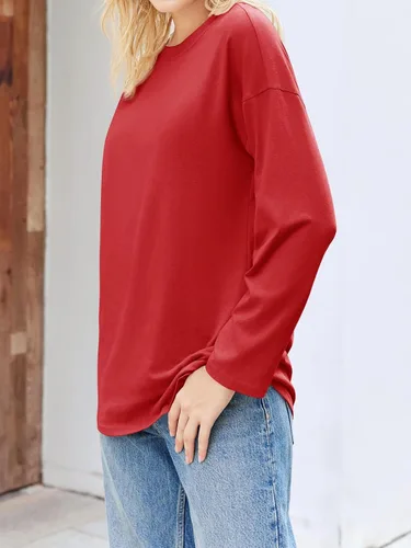 Vista 73 de Fisoew Camisetas de manga larga para mujer, holgadas, casuales, con cuello redondo, blusa suave