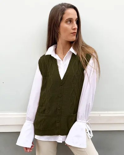 Vista 3 de TINKUY Chaleco peruano de lana de alpaca con cuello en V y rombos para mujer, S-4XL