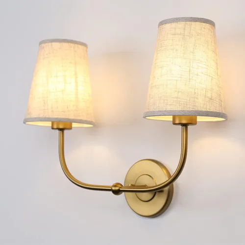 Vista 9 de Apliques de pared de 2 luces con embudo de tela de lino, lámparas de pared de doble luz para dormitorio, sala de estar, tocador, baño, pasillo