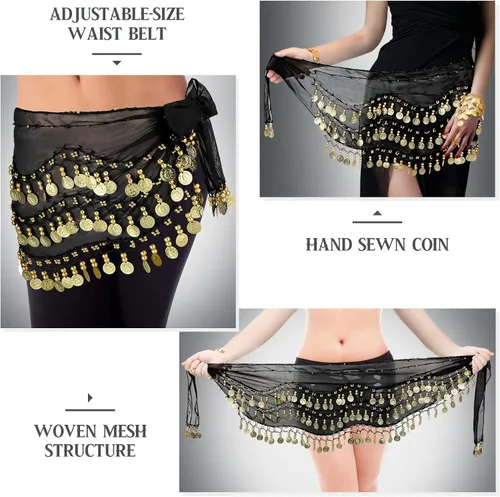 Vista 4 de Eurzom Disfraz de gitana para mujer, accesorios para danza del vientre, bufanda de cabeza gitana con monedas, bufanda de cadera gitana, conjunto