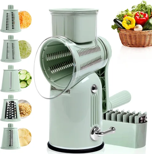 Vista 12 de Rallador rotativo de queso con asa, triturador de verduras con 5 cuchillas reemplazables y base de succión fuerte, rebanador redondo de alimentos