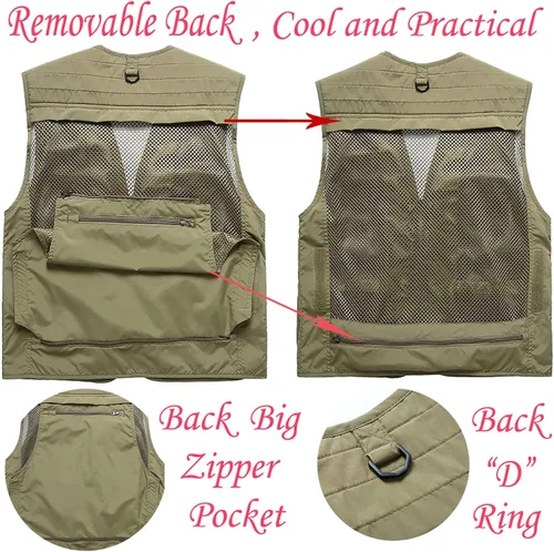 Vista 4 de Flygo Chaleco de carga para hombre, casual, ligero, al aire libre, pesca, trabajo, safari, viajes, fotos, con múltiples bolsillos