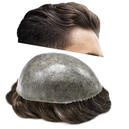 Vista 310 de Toupee para hombre 100% cabello humano real tupé para hombres 0.004 in piel de poliuretano para hombre, sistema de reemplazo de piezas de pelo
