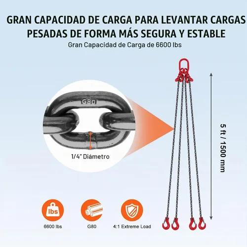 Vista 3 de VEVOR Eslinga de cadena, cadenas de elevación de 1/4 pulgada x 5 pies con ganchos, polipasto de cadena de motor G80, eslinga de elevación de 6600