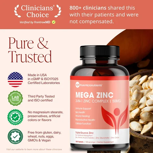 Vista 7 de Mega Zinc Supplement, 50mg - Complejo de Zinc 3 en 1 - 100 Tabletas - Pure Micronutrients