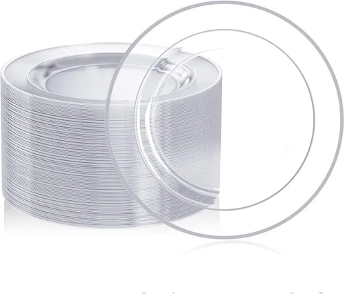 Vista 8 de FOCUSLINE 100 platos de plástico transparente y dorado de 10 pulgadas, platos transparentes desechables resistentes con borde dorado, plato