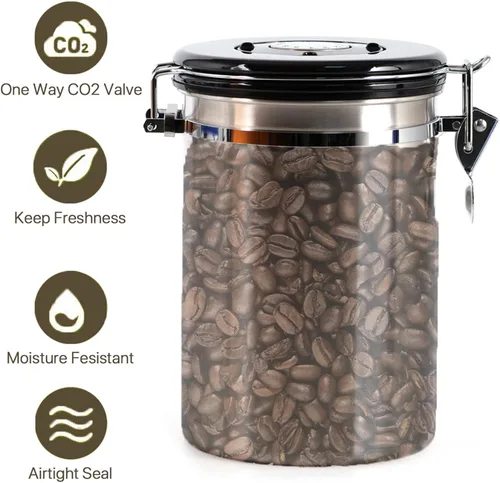 Vista 8 de Recipiente de café hermético de 1.8 L, recipiente de almacenamiento de café de 26 onzas, tarro de café hermético de acero inoxidable con cuchara