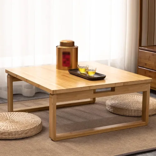 Vista 2 de Mesa baja plegable multifunción de bambú estilo japonés, mesa de té cuadrada con patas plegables, mesa de comedor pequeña plegable para el hogar