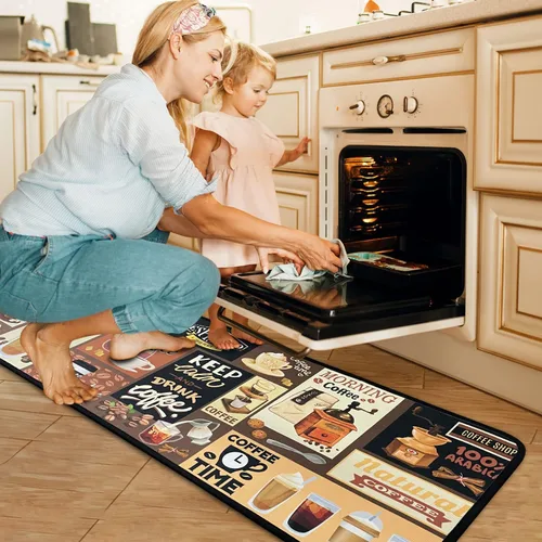 Vista 3 de Alfombras y esteras de cocina con tema de café (2 piezas), alfombra de cocina negra antideslizante lavable, suave, superabsorbente, juego