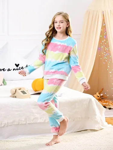 Vista 3 de V.&GRIN Pijama de forro polar para niños y niñas, suave y acogedor conjunto de sudadera y pantalones para niños de 7 a 16 años