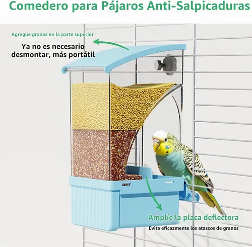 Vista 2 de Hamiledyi Comedero automático para pájaros sin ensuciar, contenedor de comida de semillas de loro acrílico transparente con jaula de perca