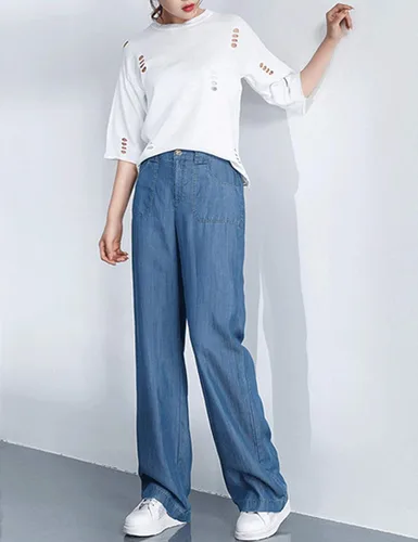 Vista 2 de D.B.M Pantalones rectos de mezclilla de cintura alta y pierna ancha para mujer