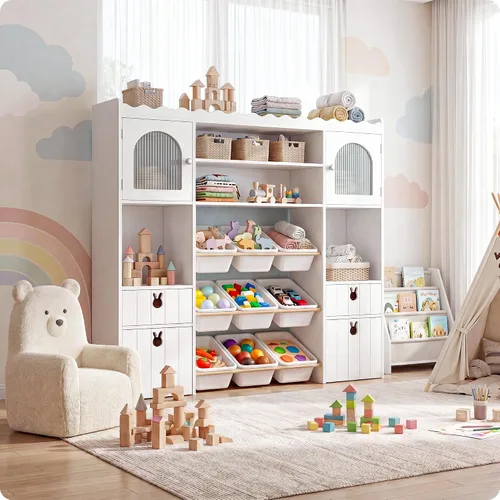 Vista 7 de Organizador de almacenamiento de juguetes para niños de 46.46 pulgadas de alto, baúl de juguetes con estante para libros, cubos de almacenamiento