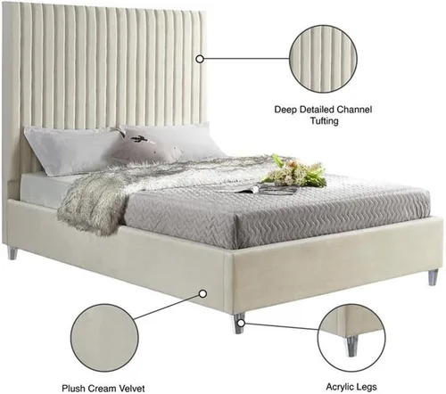 Vista 5 de Meridian Furniture CandaceCream-F Colección Candace Moderna Cama matrimonial tapizada de terciopelo contemporánea, tela de terciopelo crema