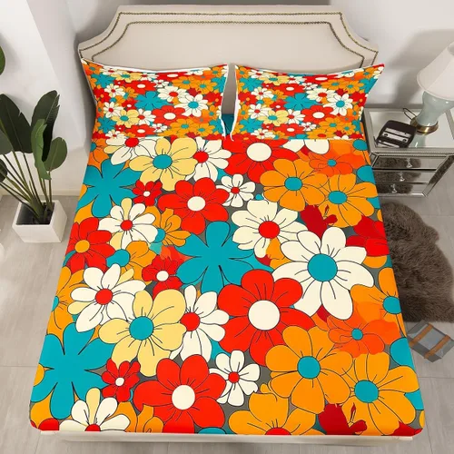 Vista 11 de Juego de sábanas ajustadas estilo 70s hippie retro para cama individual, juego vintage de otoño con hojas florales para niños y niños, juego de ropa
