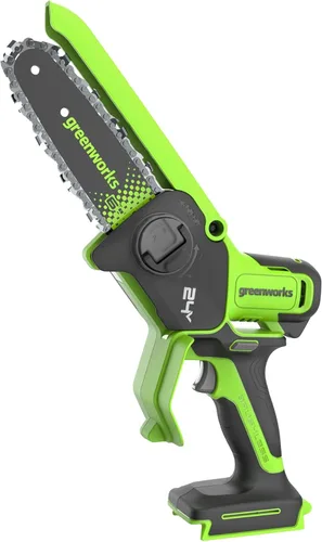Vista 15 de Greenworks Mini motosierra sin escobillas de 24 V y 4 pies (engrasador automático, tensión sin herramientas, ultraligera), batería y cargador