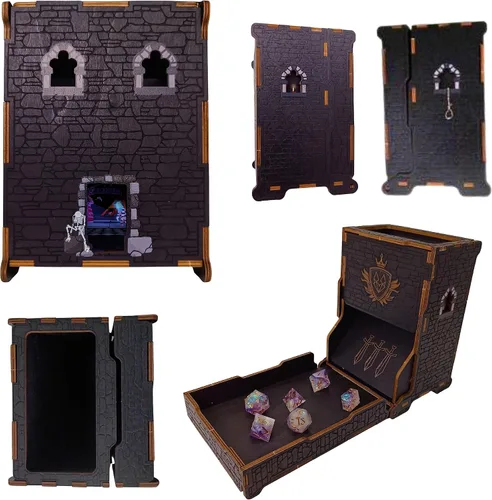Vista 2 de FOXBITE Torre de dados para Dungeons and Dragons Tower con bandeja de madera grabada con láser DND portátil y plegable, rodillo de dados perfecto