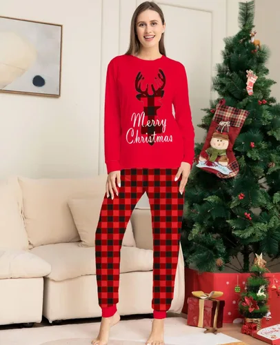 Vista 3 de Azuki Conjunto de pijama de Navidad a juego de 2 piezas de manga larga para parejas