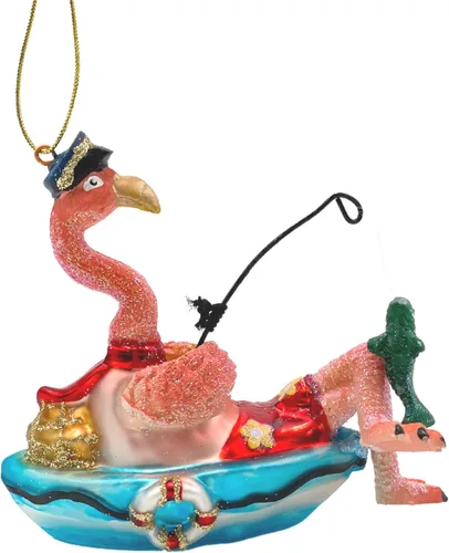 Vista 3 de Adorno de cristal para árbol de Navidad de flamenco de pesca, decoración náutica de playa rosa, accesorios para colgar, 5 x 2 x 4 pulgadas