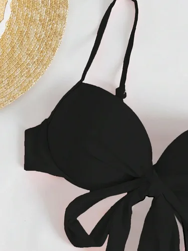 Vista 3 de WDIRARA Traje de baño de 3 piezas para mujer con nudo frontal y falda de playa con dobladillo fruncido