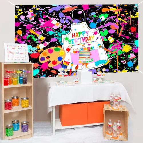 Vista 5 de Mocsicka Cartel de cumpleaños de pintura artística para niños, pintemos vestido para un lío, decoración de fiesta, telón de fondo colorido