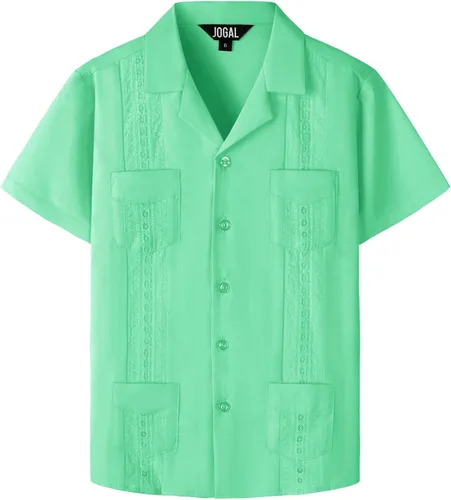 Vista 18 de JOGAL Camisas guayabera cubanas para niños de manga corta con botones, camisa casual de playa Verde militar