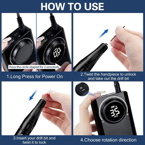 Vista 4 de YOKE FELLOW Taladro de uñas profesional - Taladros de uñas de 35000 RPM para uñas acrílicas, máquina profesional de brocas de uñas para eliminación