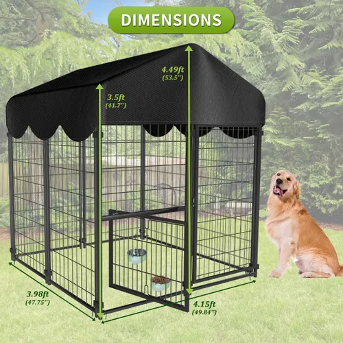 Vista 5 de Perrera resistente para perros al aire libre, perreras cubiertas exteriores con techo, 4 x 4.2 x 4.5 pies, puerta de comedero ajustable para perros