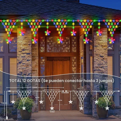 Vista 2 de Guirnalda de luces de Navidad para exteriores, impermeable, 218 LED de 13.8 pies, cortina de luces con 12 gotas conectables, alambre transparente