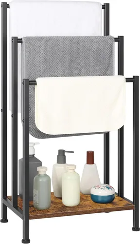 Vista 9 de Toallero independiente, toallero de metal de 3 niveles, soporte para manta para dormitorio, soporte de toalla de baño negro, soporte para toallas