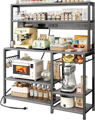 Vista 12 de SUPERJARE Estante de panadería con toma de corriente, barra de café de 35.4 pulgadas con canasta de alambre, soporte para microondas de cocina con 6