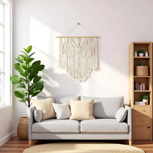Vista 3 de Mkono macramé para colgar en la pared, decoración bohemia para el hogar, decoración tejida elegante para dormitorio, sala de estar, apartamento