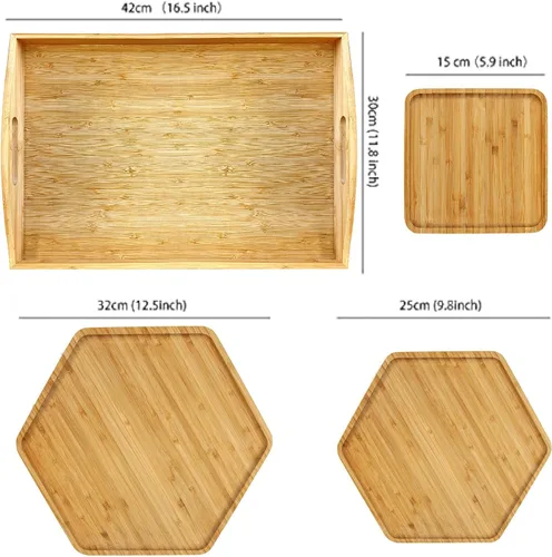 Vista 2 de Bandejas de bambú con tablas de cortar 16.5"x11.8" (42x30cm con asa, el set incluye platos de 0.63" (1.6cm) de grosor 1xHexágono 12.5" (32cm) +