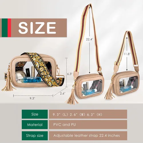 Vista 6 de Viva Terry Bolsa transparente aprobada para eventos de estadio, pequeña bolsa cruzada transparente con 2 correas ajustables para artículos
