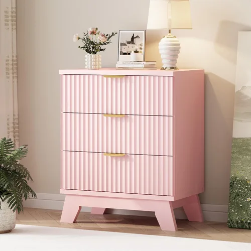 Vista 31 de Cómoda acanalada para dormitorio con 3 cajones, cómoda moderna de 24 pulgadas de ancho con mango de metal, soporte de TV de madera, armario de Negro