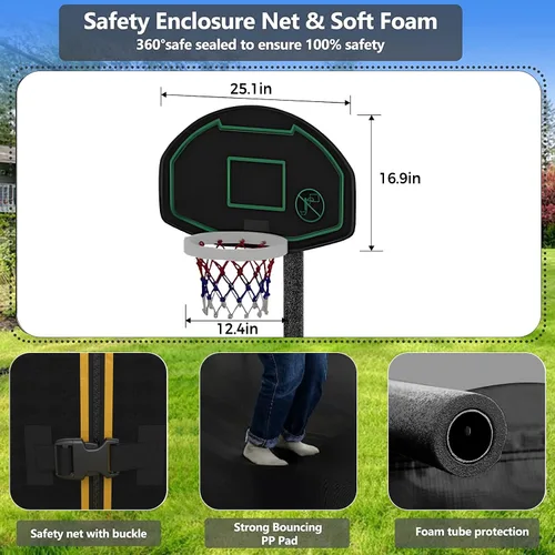 Vista 4 de Lyromix Trampolín mejorado con luces, trampolín grande para exteriores con aspersor, aro de baloncesto y red, capacidad para 5-8 niños y adultos