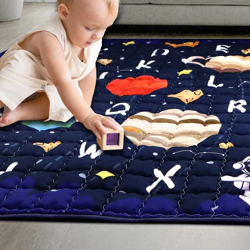 Vista 7 de GFU - Tapete de juego para bebé, antideslizante, 50 x 50 pulgadas, tapete grueso de una pieza azul, tapete de juego para bebés, plegable y lavable a